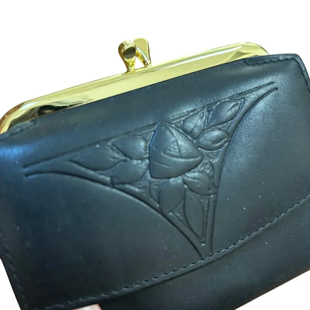Vintage Rolfs black leather coin purse wallet embossed floral flap gold kisslock